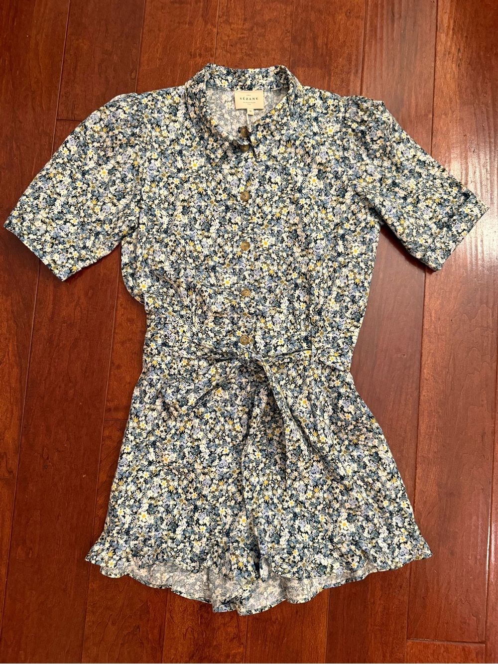 Sezane Elsa Garden Blue Multi Floral Tie-Waist Romper Shorts
